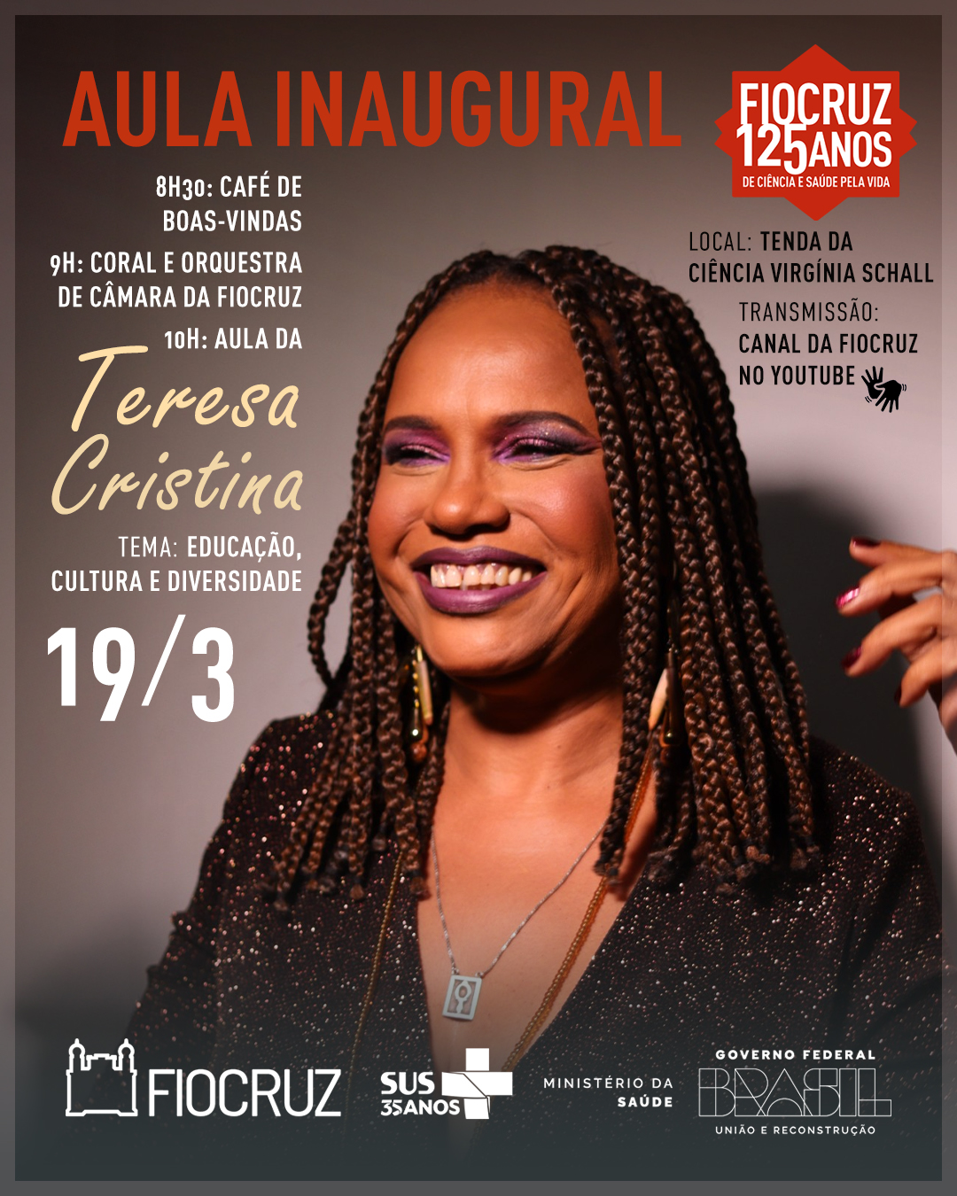 Teresa Cristina é a convidada para a aula inaugural Fiocruz 2026