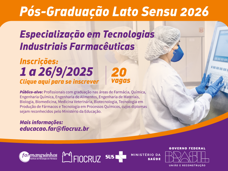 Inscrições abertas para Especialização em Tecnologias Industriais Farmacêuticas