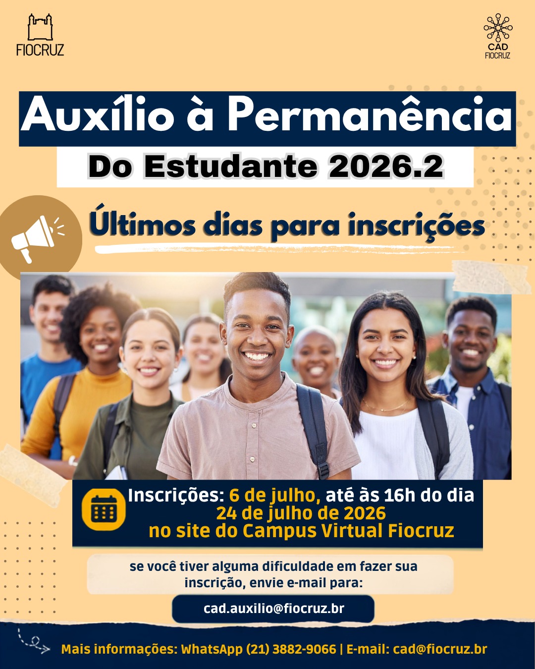 Últimos dias de inscrições para Auxílio à Permanência do Estudante 2026.2