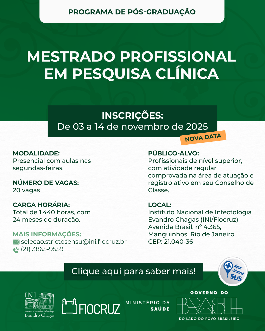 Fiocruz divulga edital para Mestrado Profissional em Pesquisa Clínica 2026