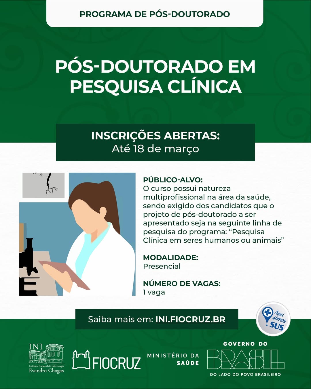 Fiocruz abre inscrições para o processo seletivo de Pós-Doutorado em Pesquisa Clínica