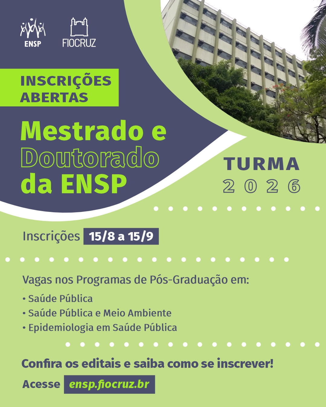 Fiocruz abre inscrições para turmas de 2026 de mestrados e doutorados acadêmicos