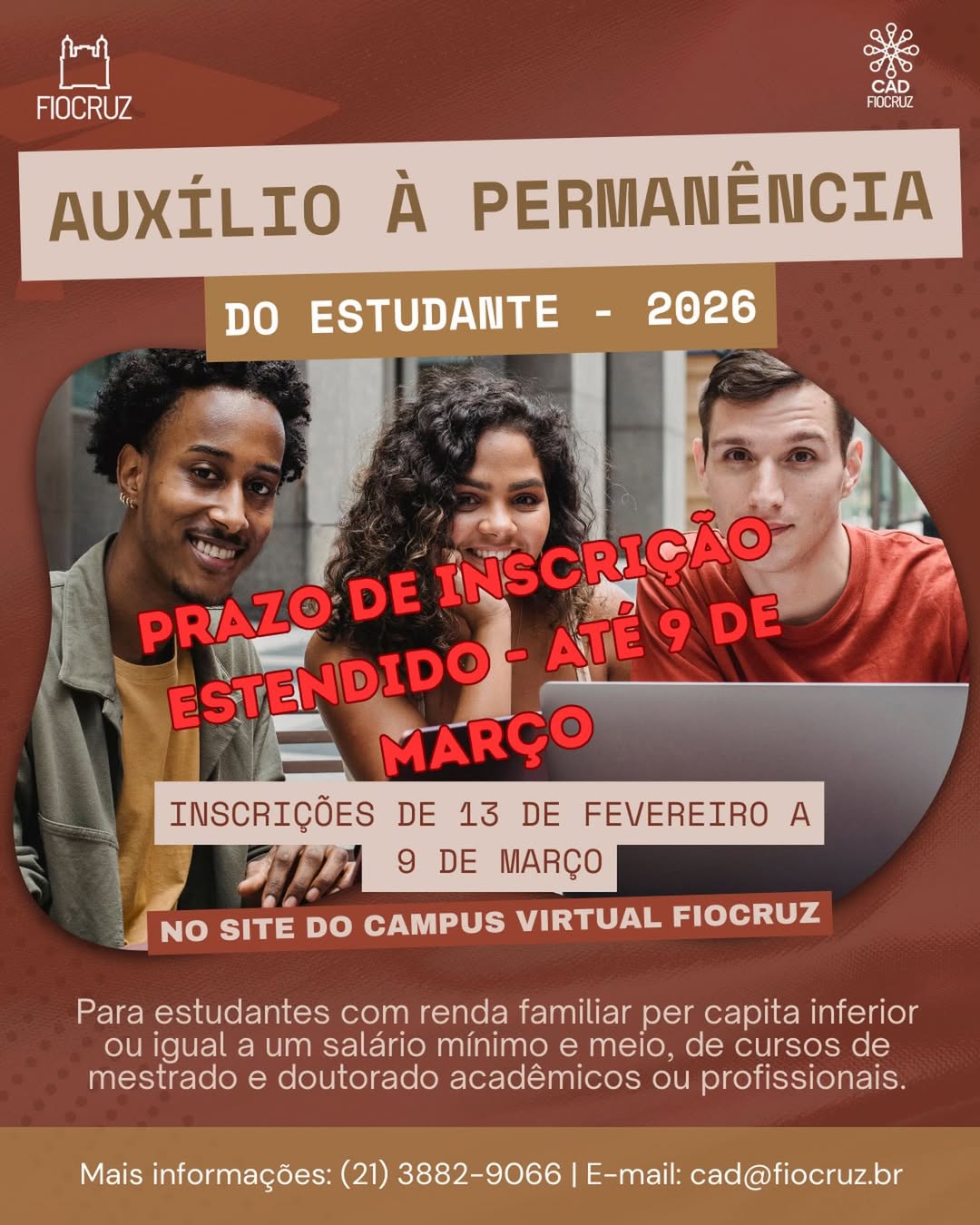 Últimos dias! Inscrições para Auxiílio à Permanência do Estudante 2026 vão até 9/3