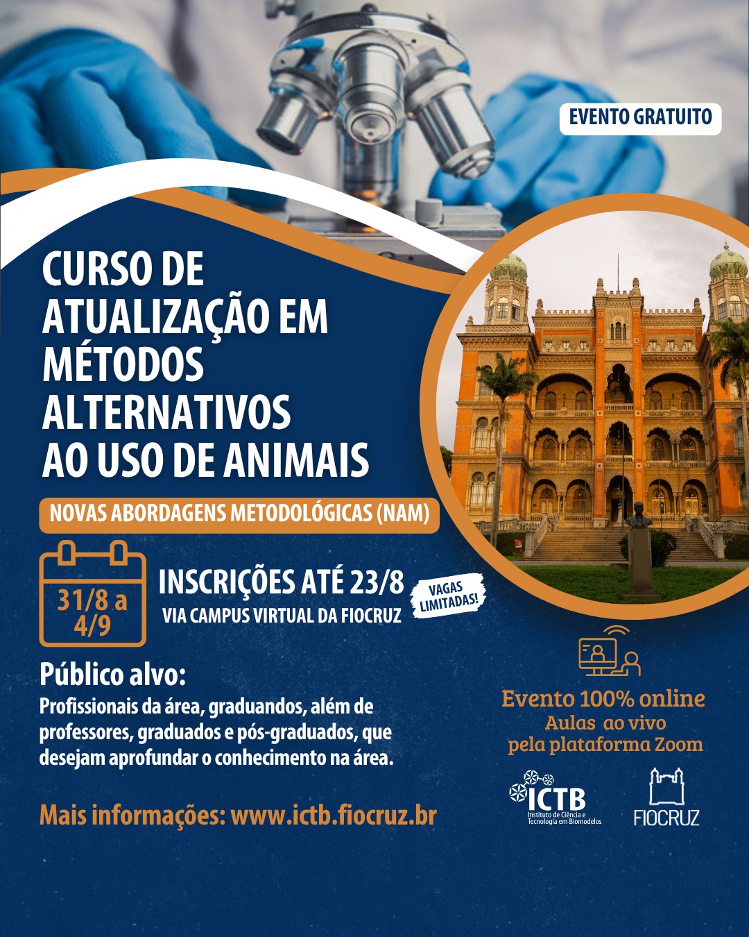Inscrições para o curso de Atualização em Métodos Alternativos ao Uso de Animais começam nesta segunda-feira, 3/8