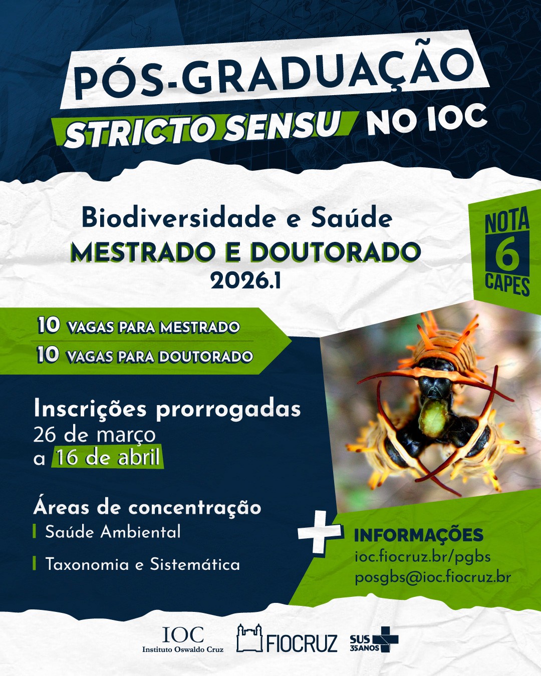 Mestrado e Doutorado em Biodiversidade e Saúde: inscrições prorrogadas até 16/4