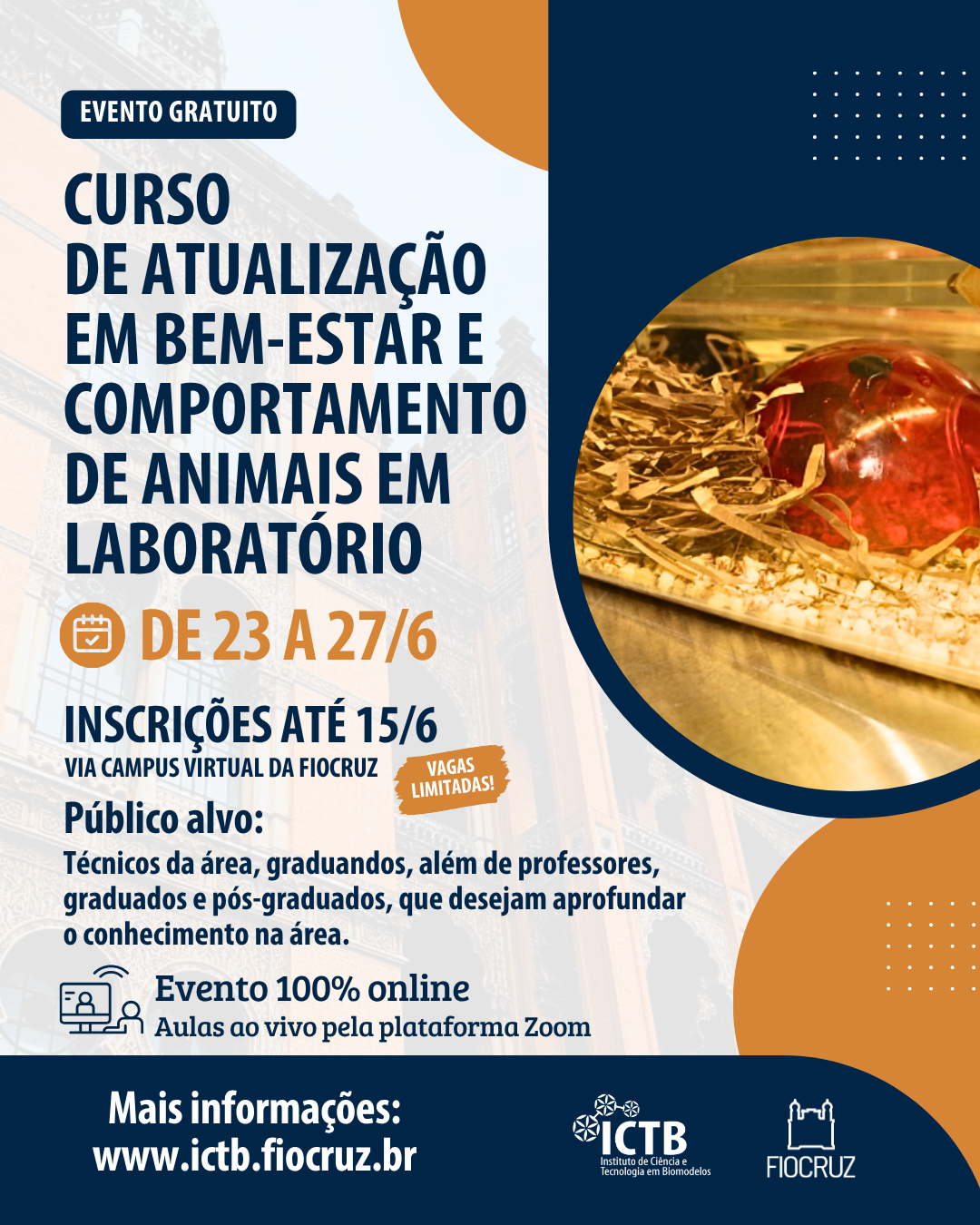 Inscrições abertas para curso de atualização em bem-estar e comportamento de animais em laboratório
