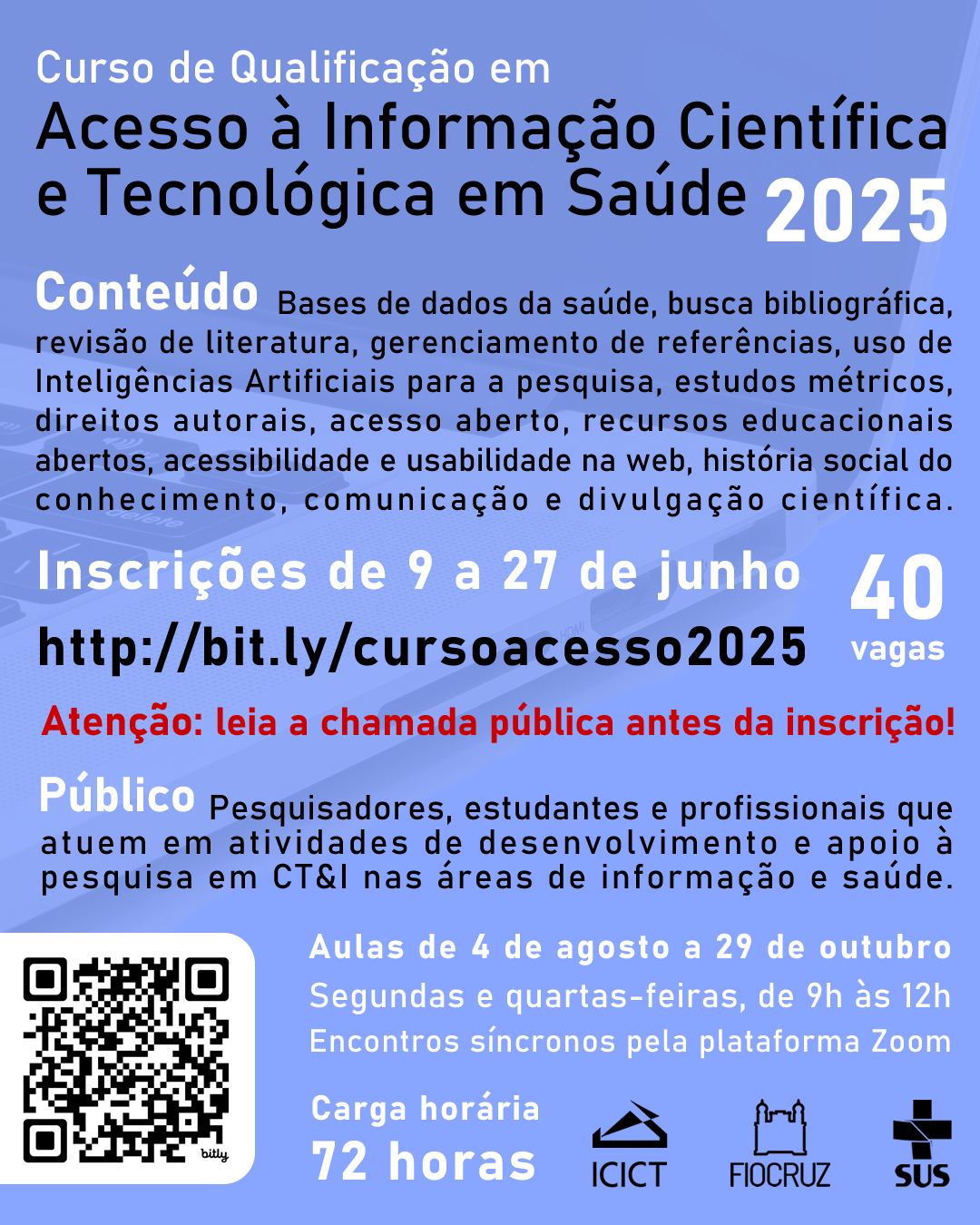 Abertas as inscrições para o curso de qualificação em Acesso à Informação Científica e Tecnológica em Saúde 2025