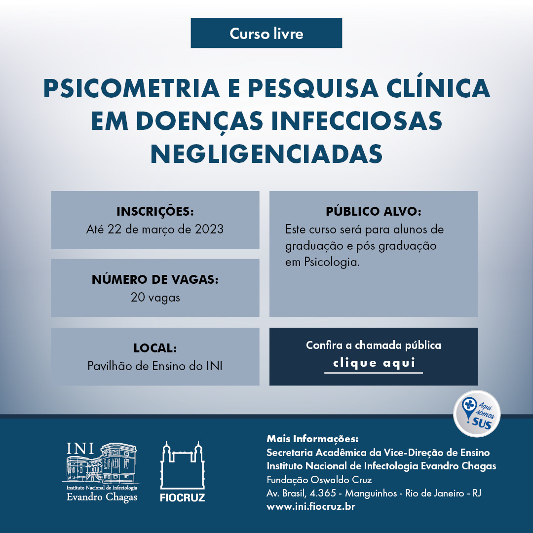 Inscrições abertas para curso de Psicometria e Pesquisa Clínica em Doenças Infecciosas Negligenciadas