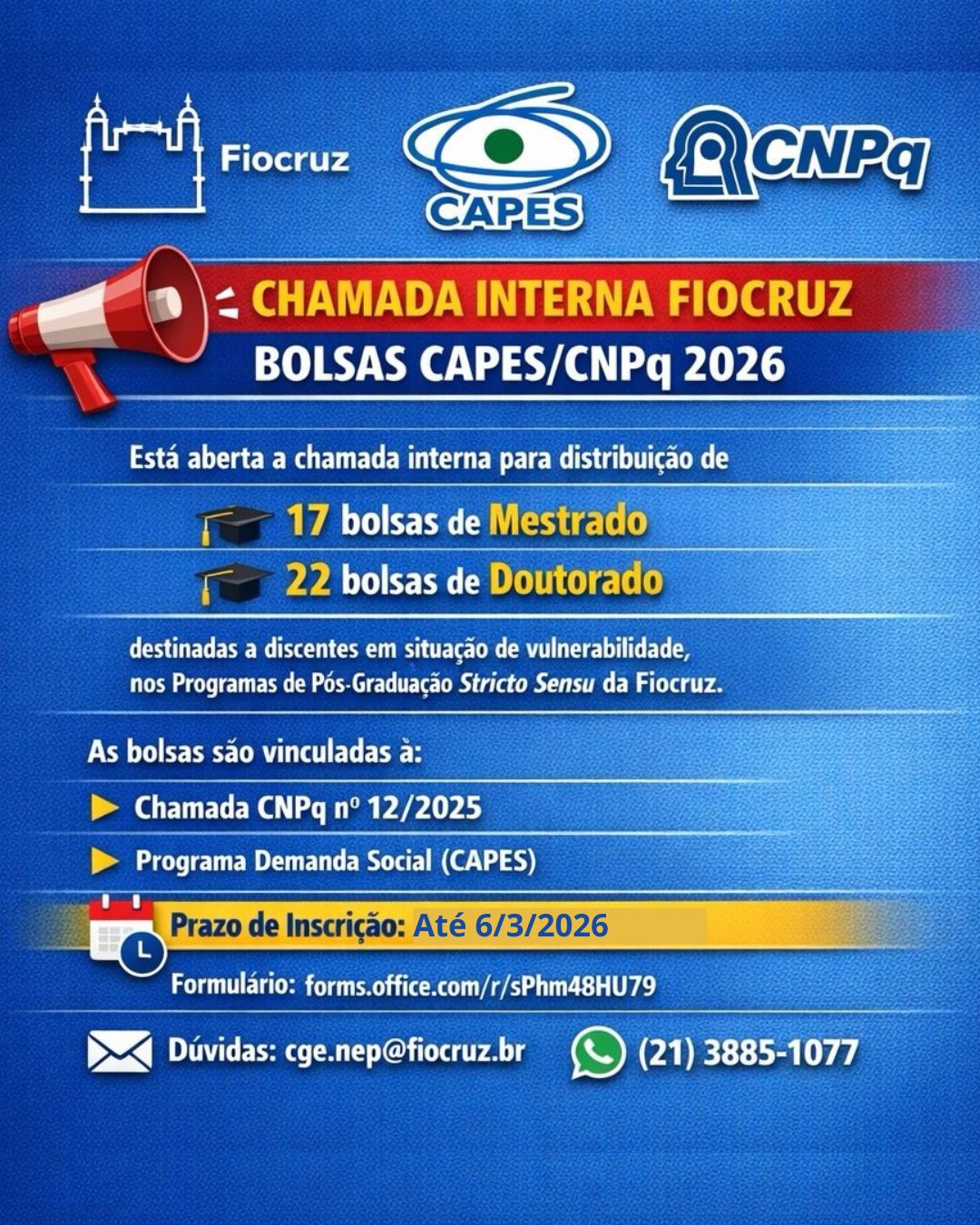 Chamada interna para bolsas Capes/CNPq 2026