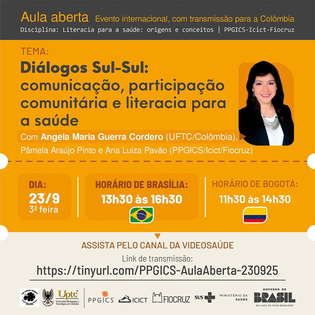 Aula aberta (23/9): “Diálogos Sul-Sul: comunicação, participação comunitária e literacia para a saúde”, com a pesquisadora colombiana Angela Guerra