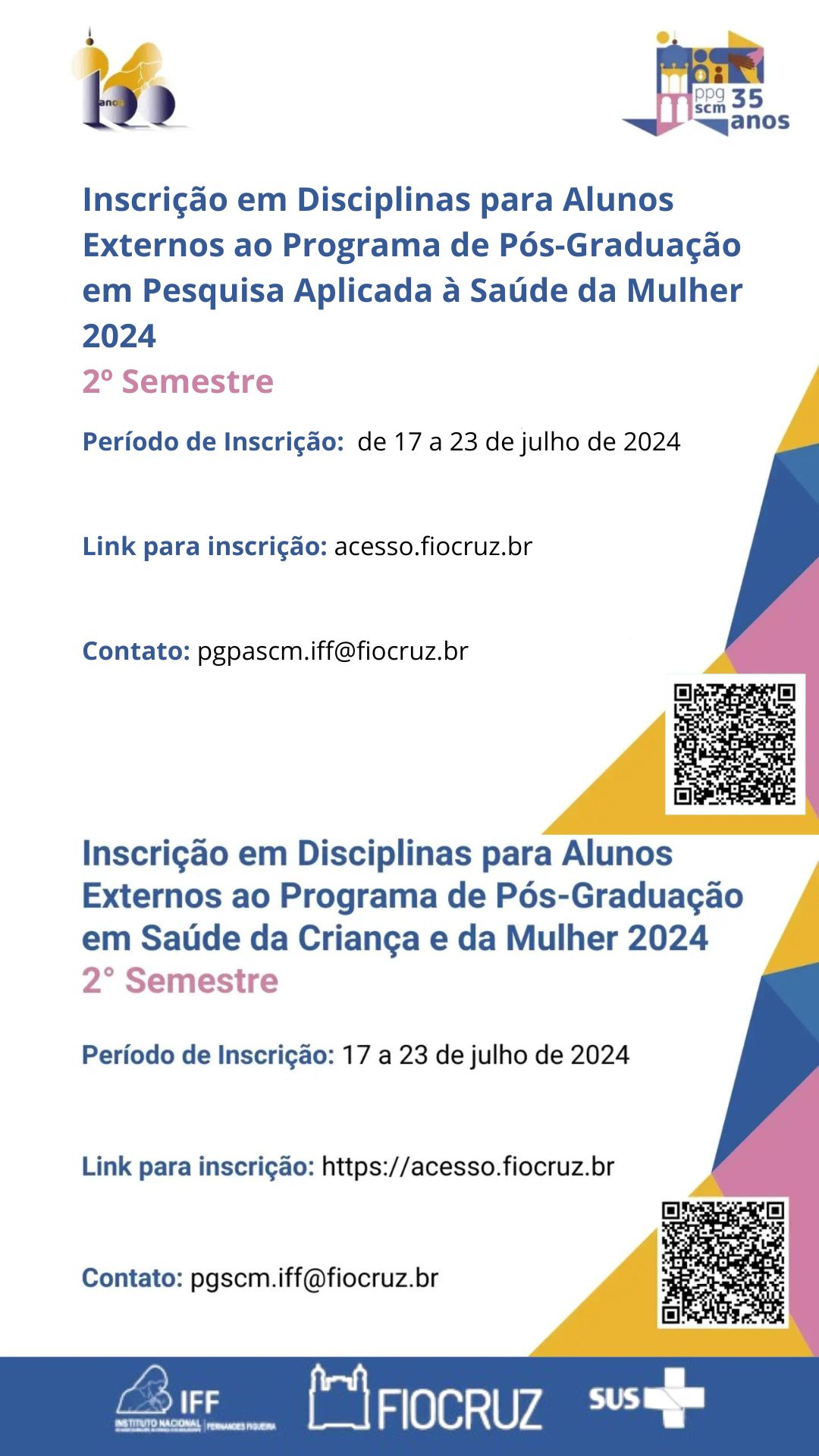 Instituto Nacional de Saúde da Mulher, da Criança e do Adolescente recebe inscrições de alunos externos para disciplinas isoladas