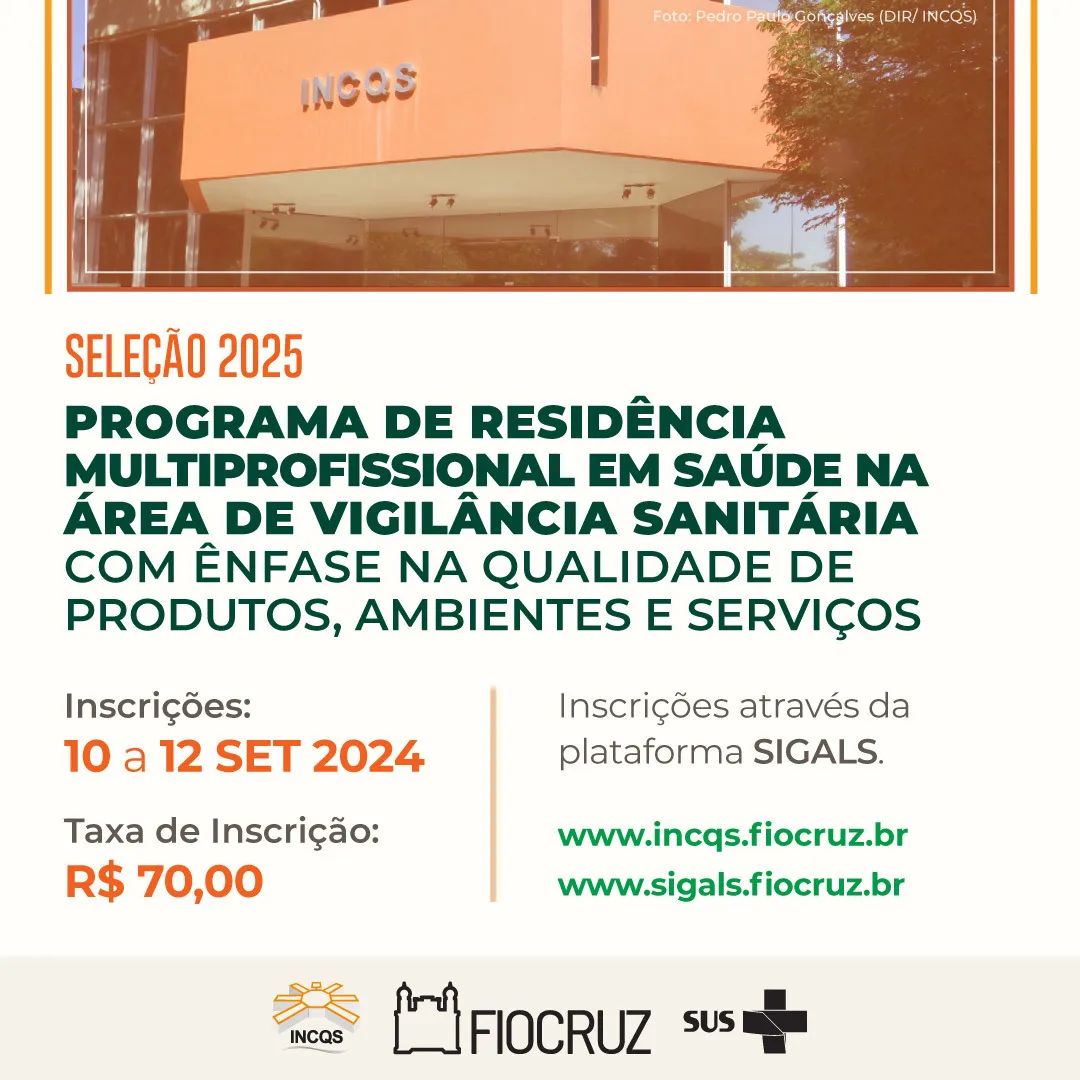 Inscrições abertas para Programa de Residência Multiprofissional em Saúde na área de Vigilância Sanitária até 12/9