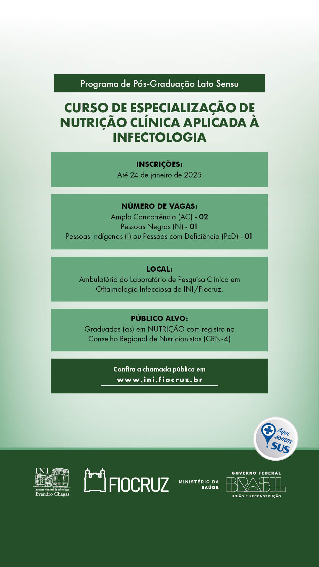 Inscrições abertas para Curso de Especialização em Nutrição Clínica aplicada à Infectologia