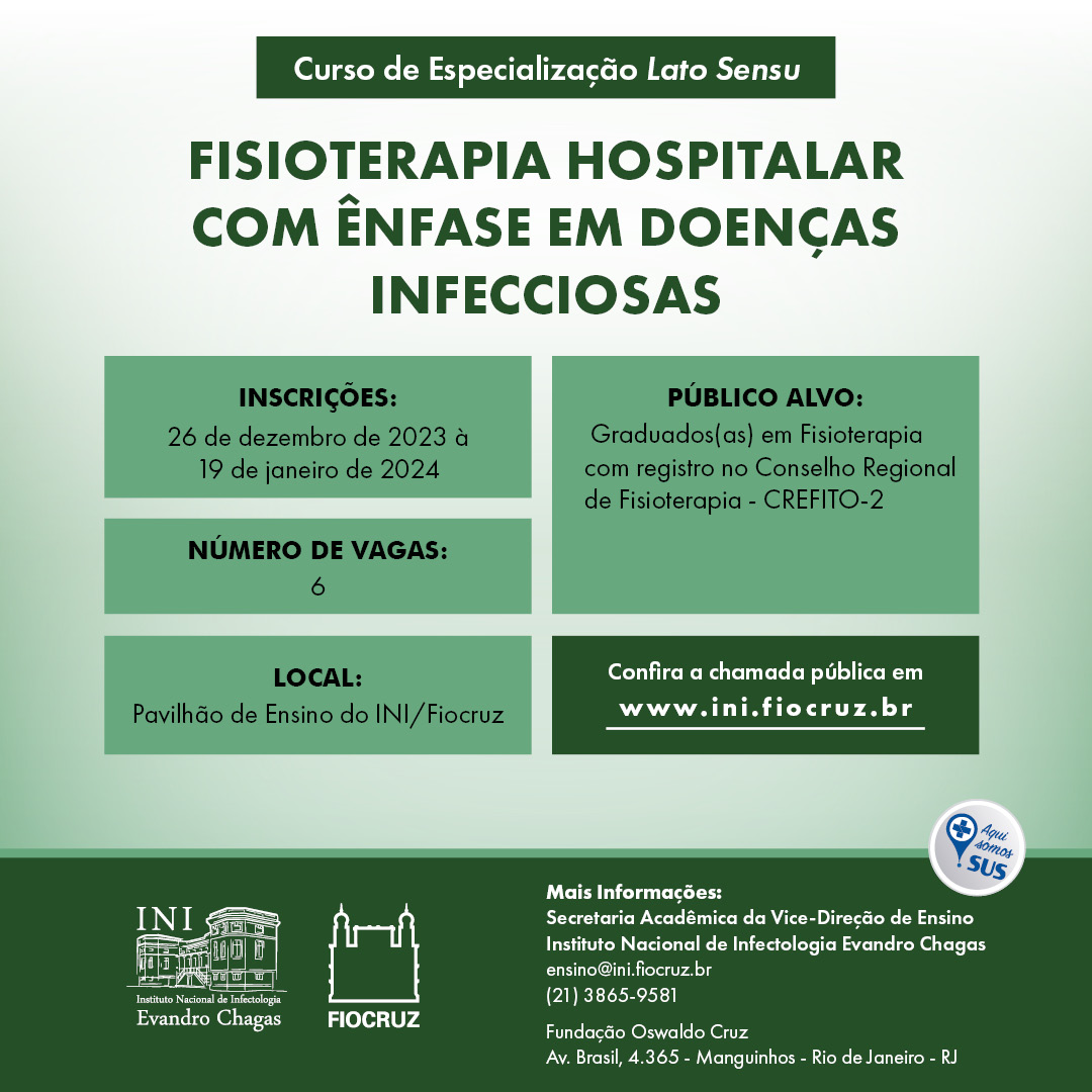 Inscrições abertas para especialização em Fisioterapia Hospitalar com Ênfase em Doenças Infecciosas