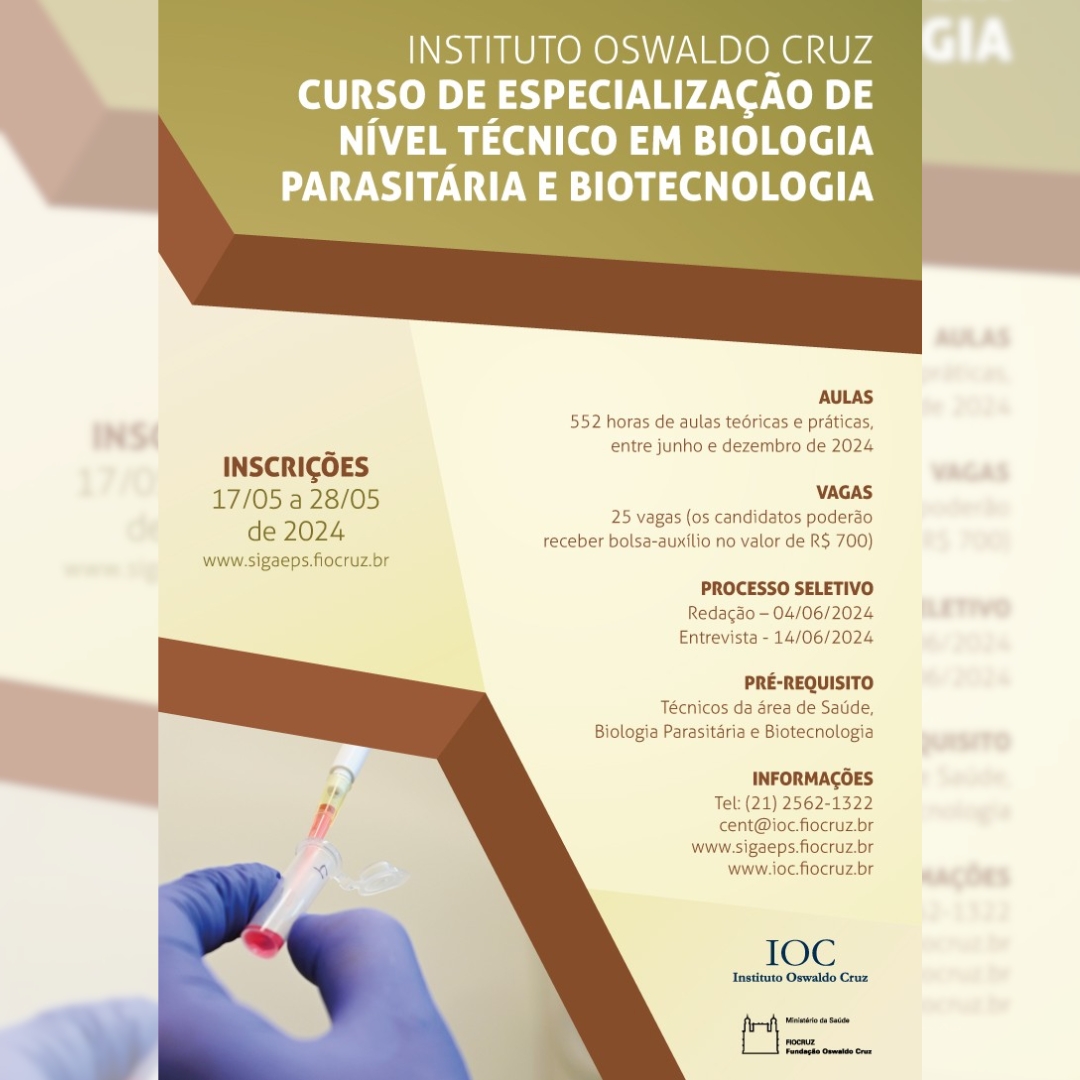 Fiocruz abre inscrições para curso de especialização em Biologia Parasitária e Biotecnologia