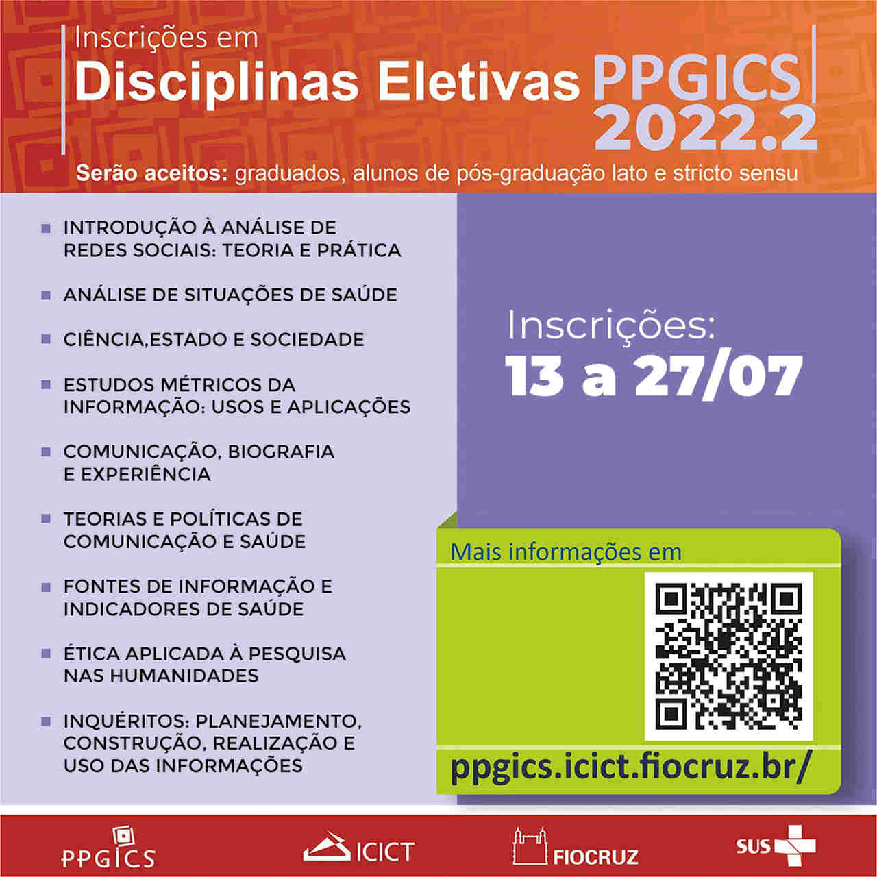 PPGICS disponibiliza vagas para disciplinas eletivas para o segundo semestre de 2022